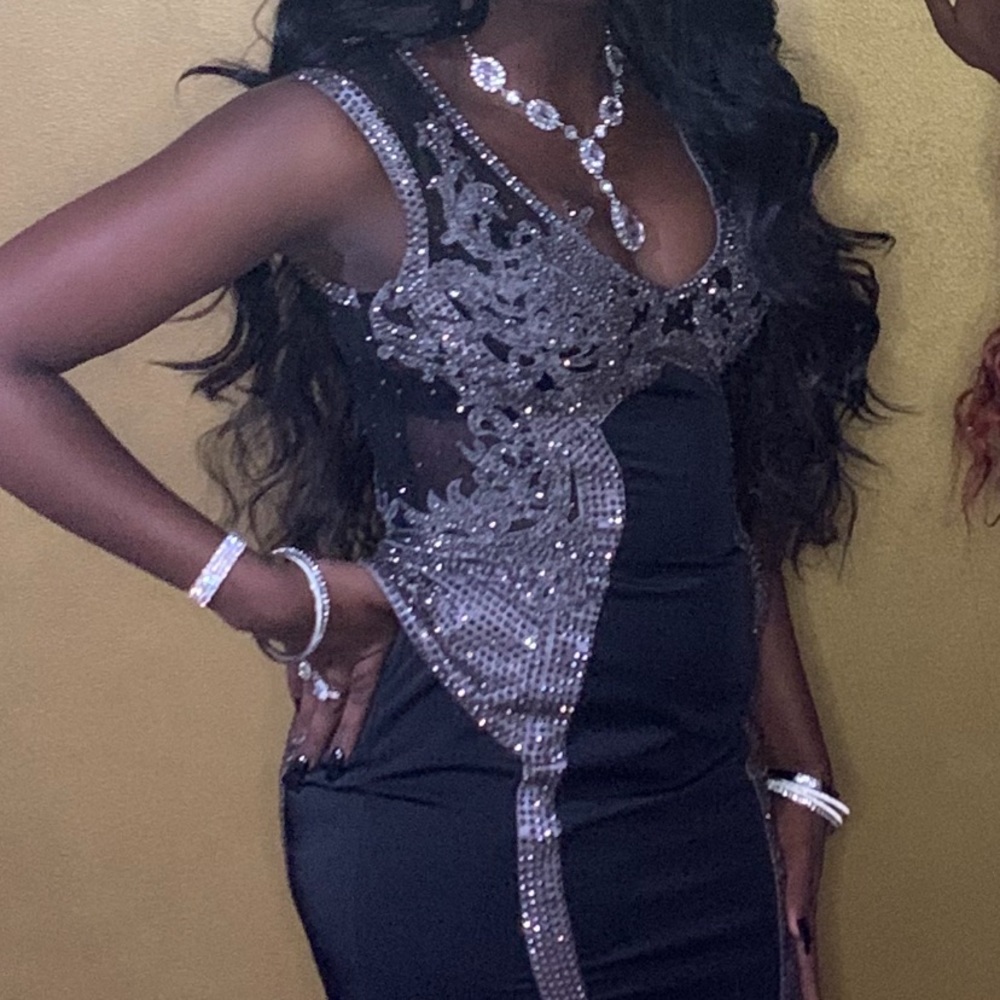 beautiful black satin prom dress with silver jewels